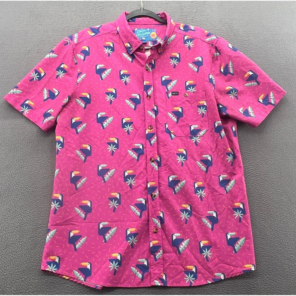 Southern Shirt Party Collection Mens Large Pink Toucan Print Button Up Hawaiian